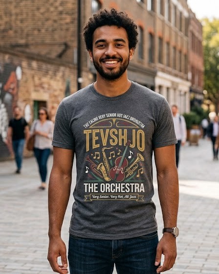 Model wearing the charcoal Orchestra tee bearing the TEVSH JO jazz crest design.