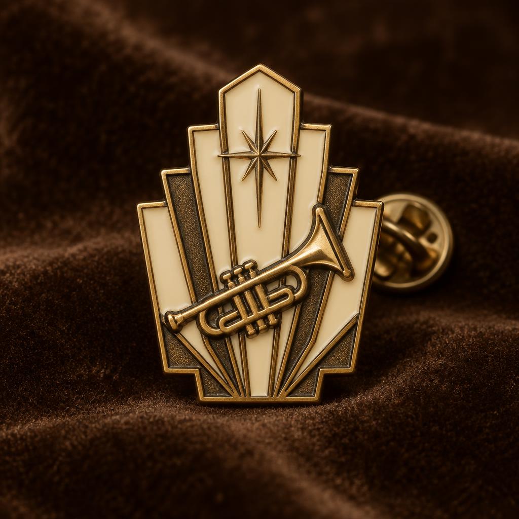 An antique-gold Art Deco enamel pin badge with a trumpet and starburst motif on a dark velvet surface.