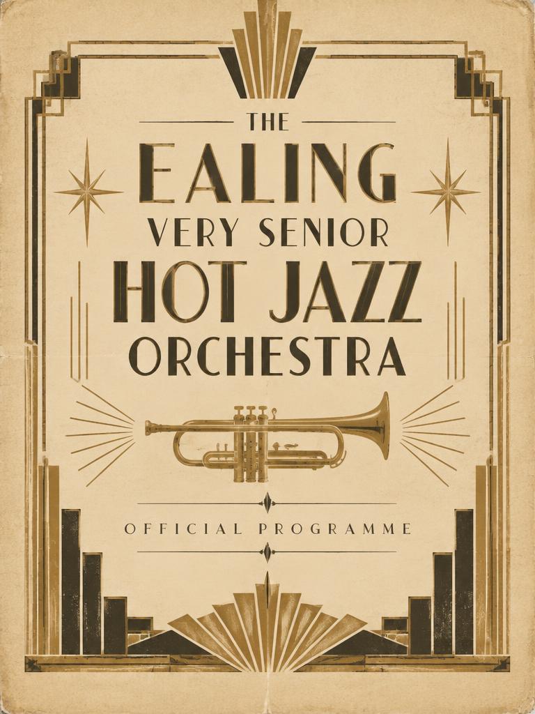 Art Deco programme poster in cream and gold for The Ealing Very Senior Hot Jazz Orchestra, with a trumpet and starburst ornament.