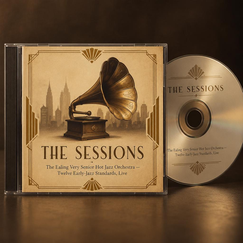 Jewel case of 'The Sessions' CD with a gramophone-horn cover beside the disc, in warm sepia tones.